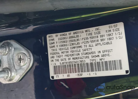 2007 Acura Rdx from USA, damaged, VIN 5J8TB18507A017853